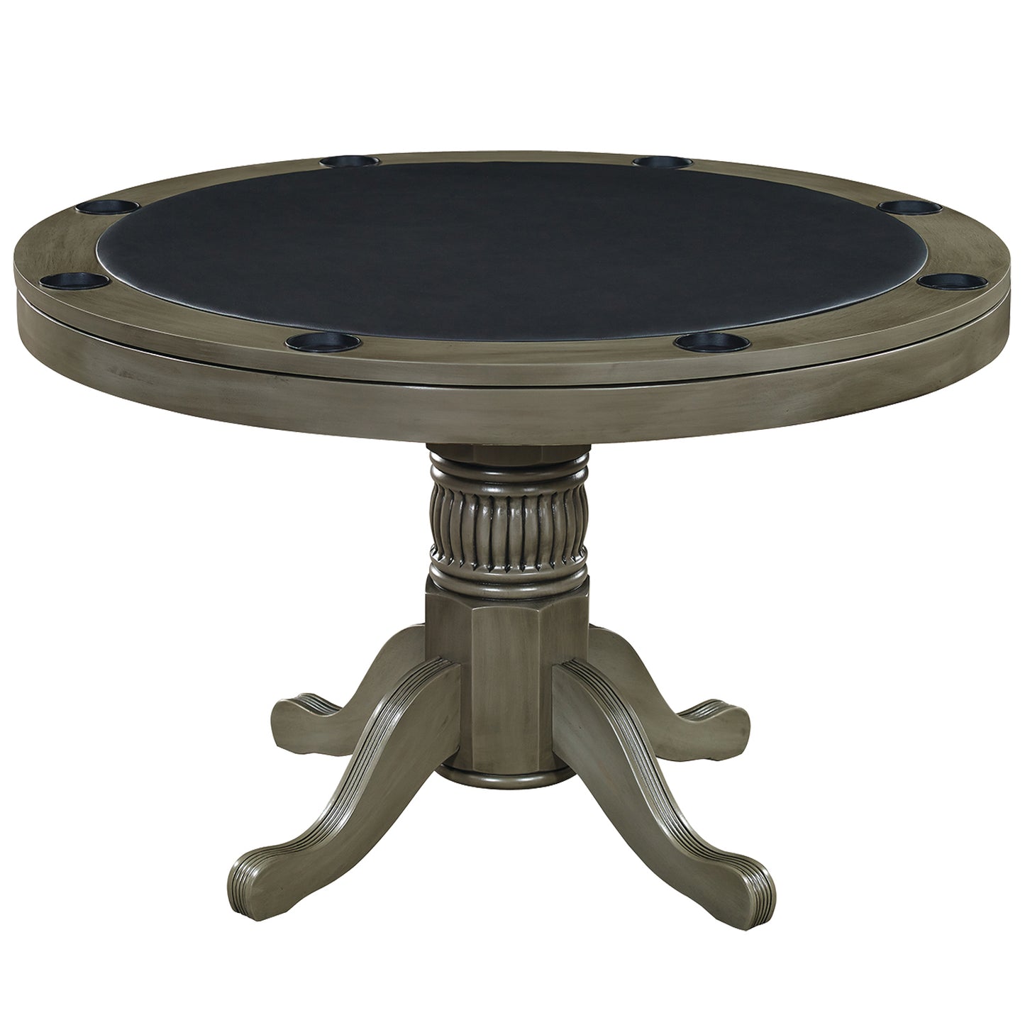 Round convertible game table with a black padded vinyl game top in a slate finish.