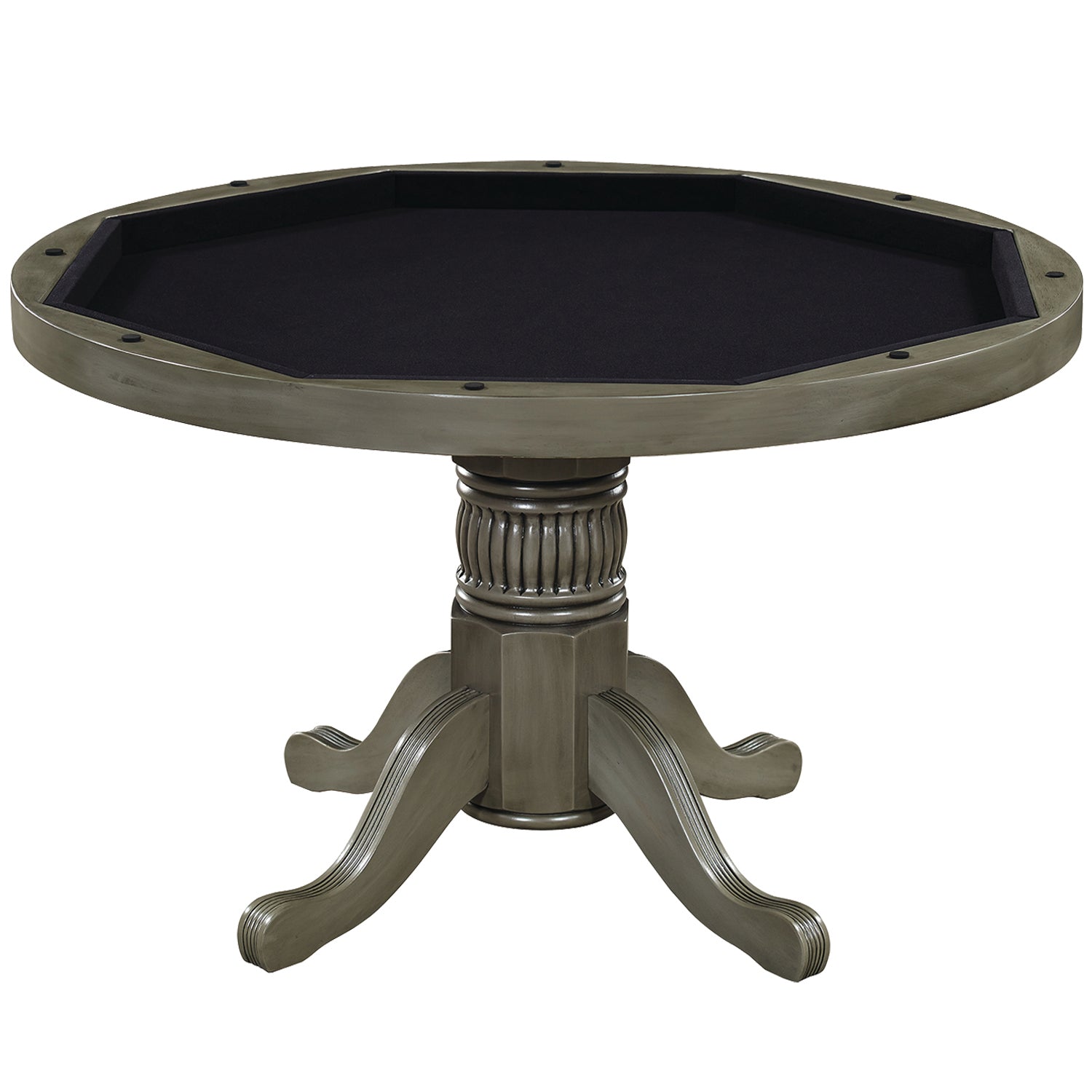Round convertible game table stoage in a slate finish.