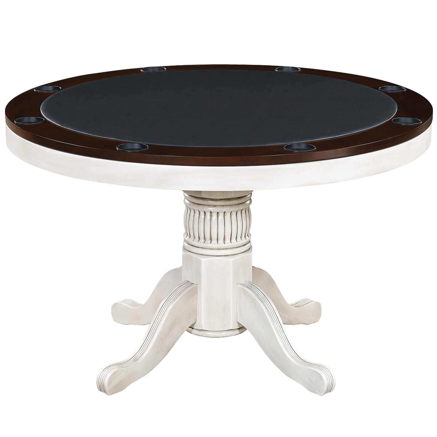 Round convertible game table with a black padded vinyl game top in an antique white finish.
