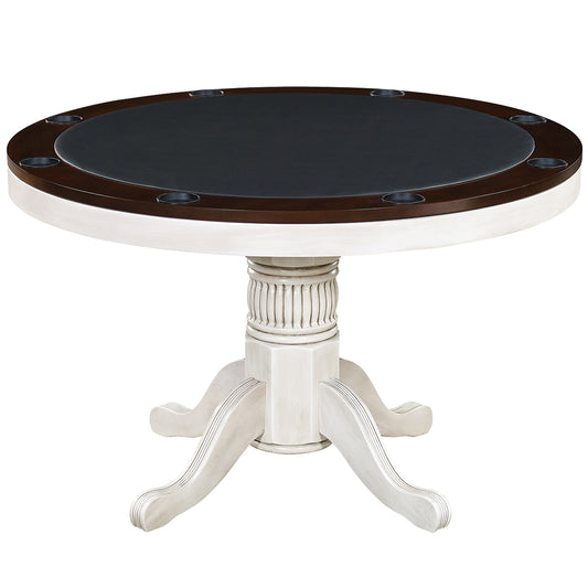 Round convertible game table with a black padded vinyl game top in an antique white finish.