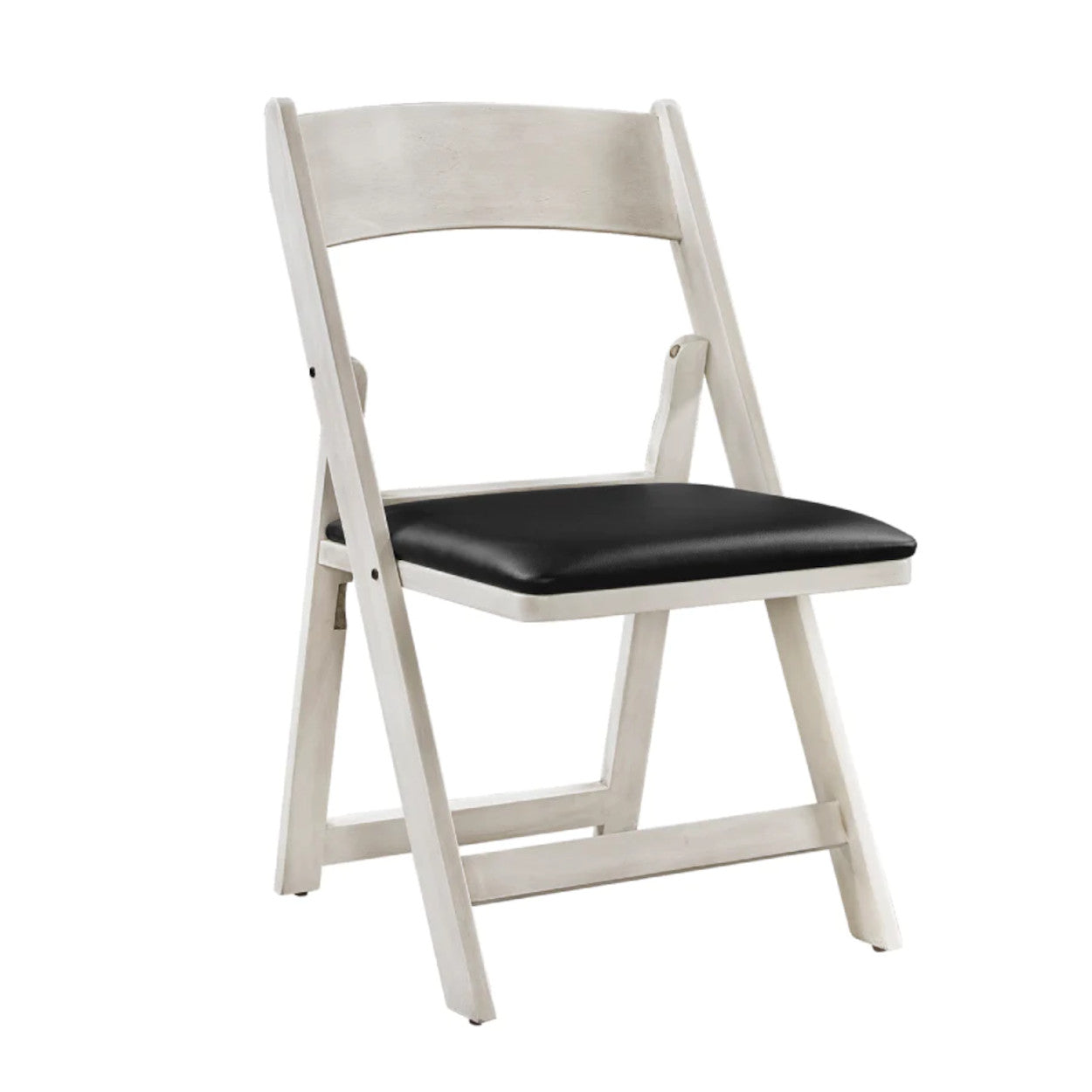 Wood vinyl padded folding chair in an antique white finish.