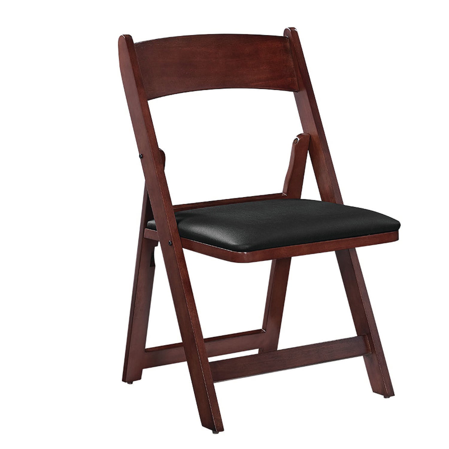 Wood vinyl padded folding chair in an English tudor finish.