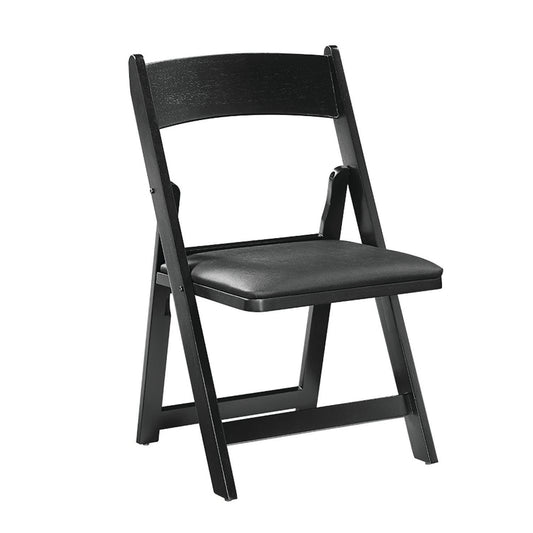 Wood vinyl padded folding chair in a black finish.