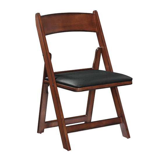 Wood vinyl padded folding chair in a chestnut finish.