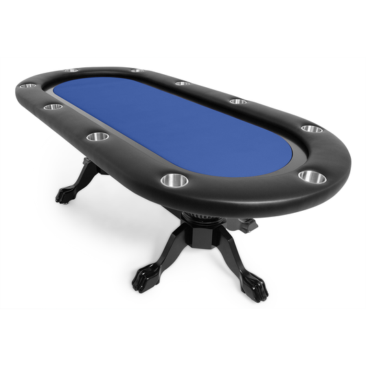 Poker table with removable blue felt game top and oak pedestal and claw legs in a black finish.