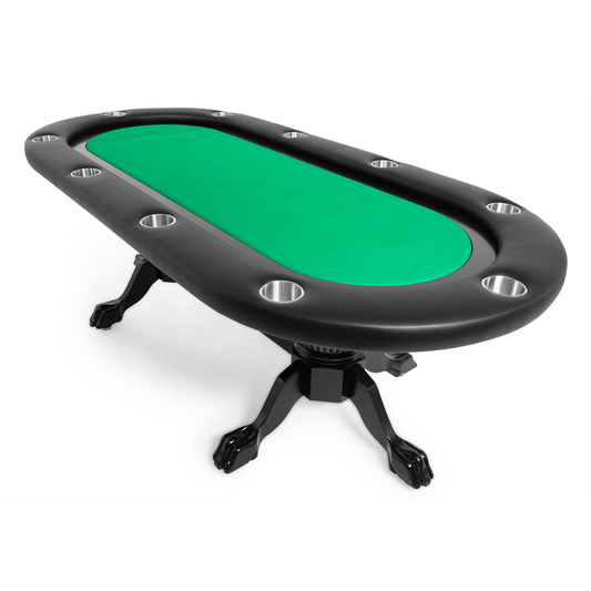 Poker table with removable green felt game top and oak pedestal and claw legs in a black finish.
