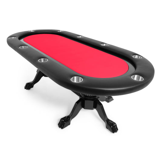 Poker table with removable red felt game top and oak pedestal and claw legs in a black finish.