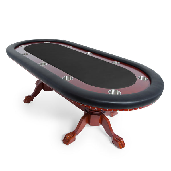 Wooden poker table with oak ball claw legs and removable red playing area and black vinyl armrests in a mahogany finish.