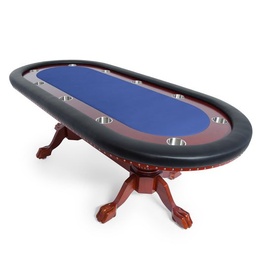 Wooden poker table with oak ball claw legs and removable blue playing area and black vinyl armrests in a mahogany finish.