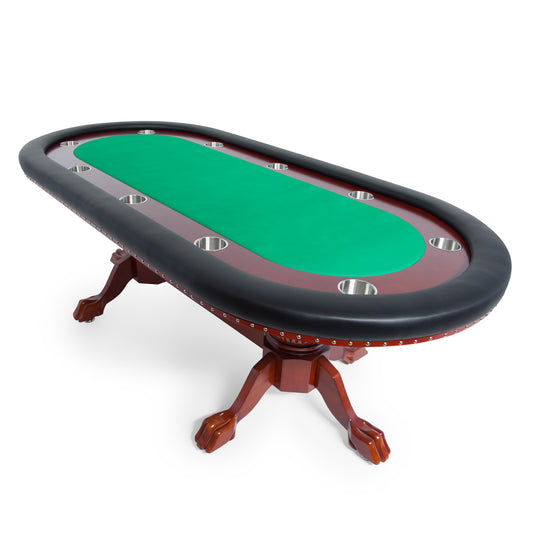 Wooden poker table with oak ball claw legs and removable green playing area and black vinyl armrests in a mahogany finish.