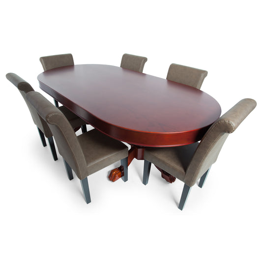 Rockwell oval game table with dining top and dining chairs.