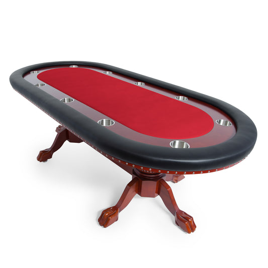 Wooden poker table with oak ball claw legs and removable red playing area and black vinyl armrests in a mahogany finish.