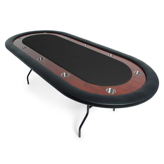 Oval folding poker table with a black felt game top.