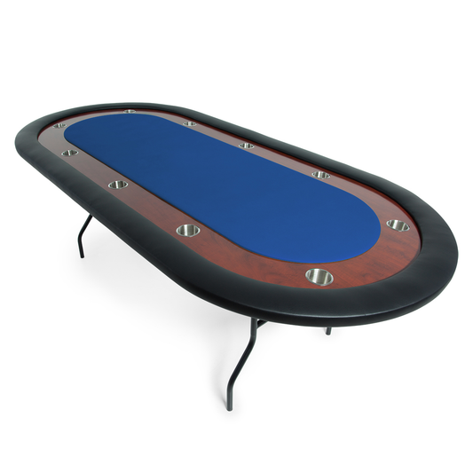 Oval folding poker table with a blue felt game top.