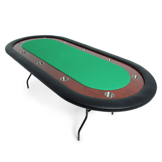 Oval folding poker table with a green felt game top.