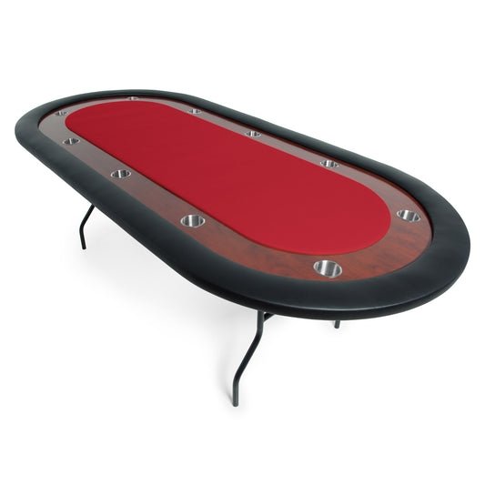 Oval folding poker table with a red felt game top.