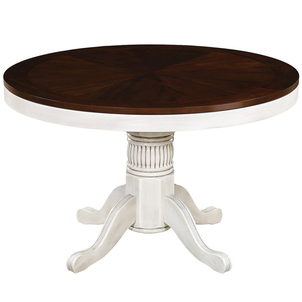 Round convertible game table with a brown stain dining top in an antique white finish.